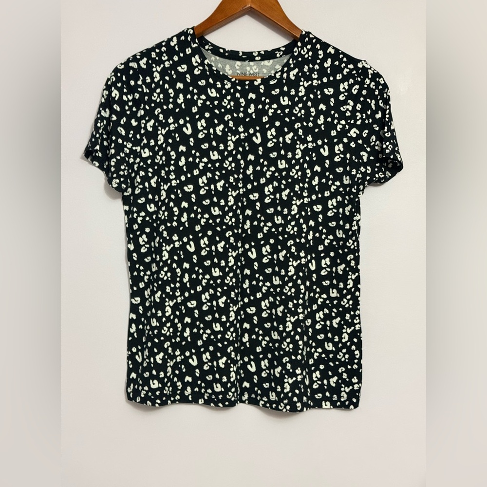 Nine West Black and White Leopard-Print Short Sleeve Tee